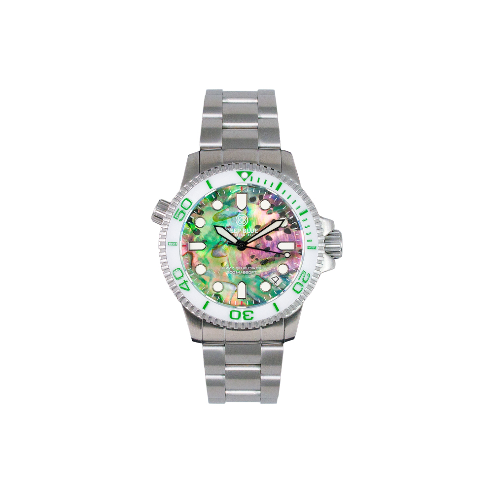 Deep Blue Ladies 36mm "Lizzy Blue" Diver Watch Ceramic Green-White Bezel/Green Abalone Shell Dial